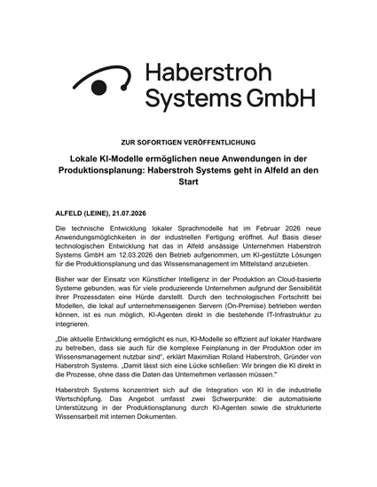 Erste Seite der Pressemitteilung vom 21. Juli 2026