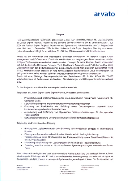 Erste Seite des Arbeitszeugnisses der Arvato SE