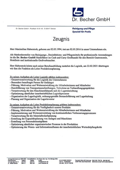 Erste Seite des Arbeitszeugnisses der Dr. Becher GmbH